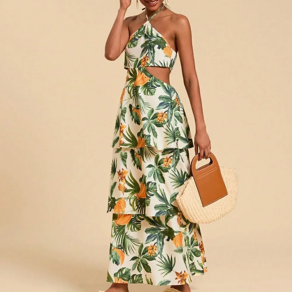 Boho Women's Tropical Plant Print Halter Waist Cutout Maxi Dress